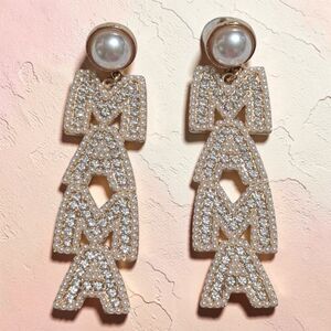 Mama Rhinestone Pearl Drop Earrings Gold Tone Statement Mom Jewelry Mother's Day